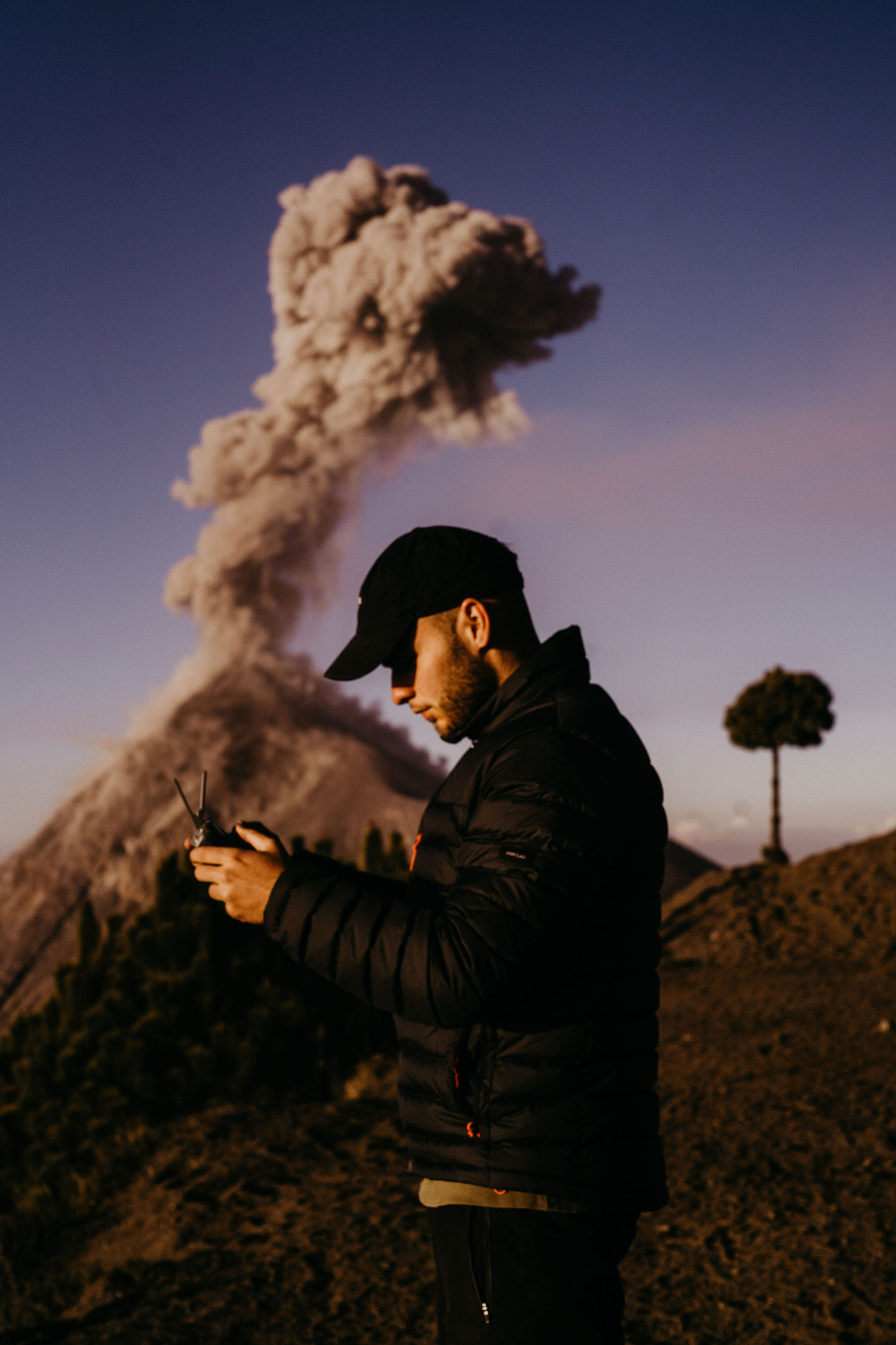 Drone shot of a volcano at sunrise